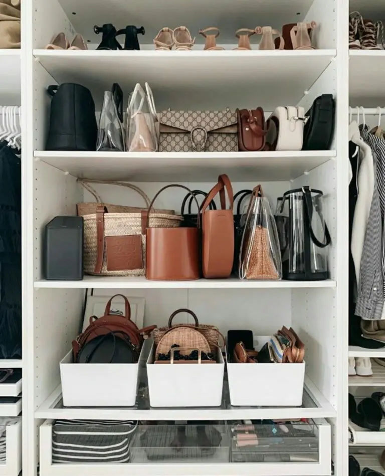 Closet shelves with handbags, shoes, drawers, and uniform white storage bins.