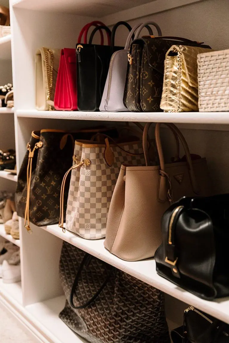 Closet shelves with mostly neutral handbags arranged in a cohesive and elegant display.