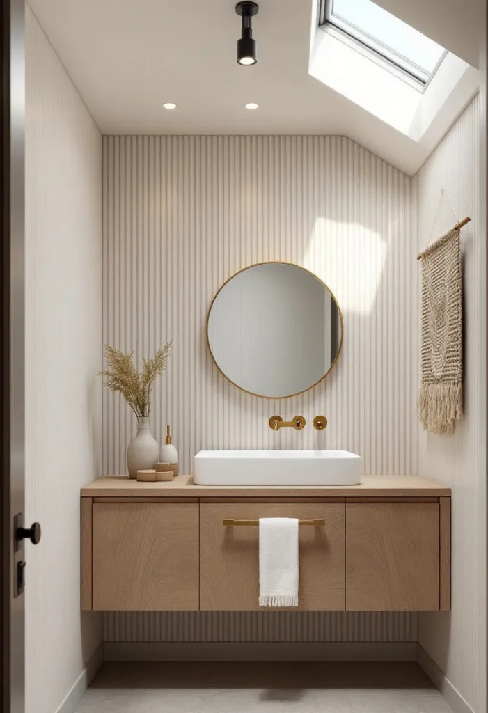 contemporary neutral bathroom featuring fluted ivory wall panels floating oak vanity brass mirror and woven grass decor under skylight