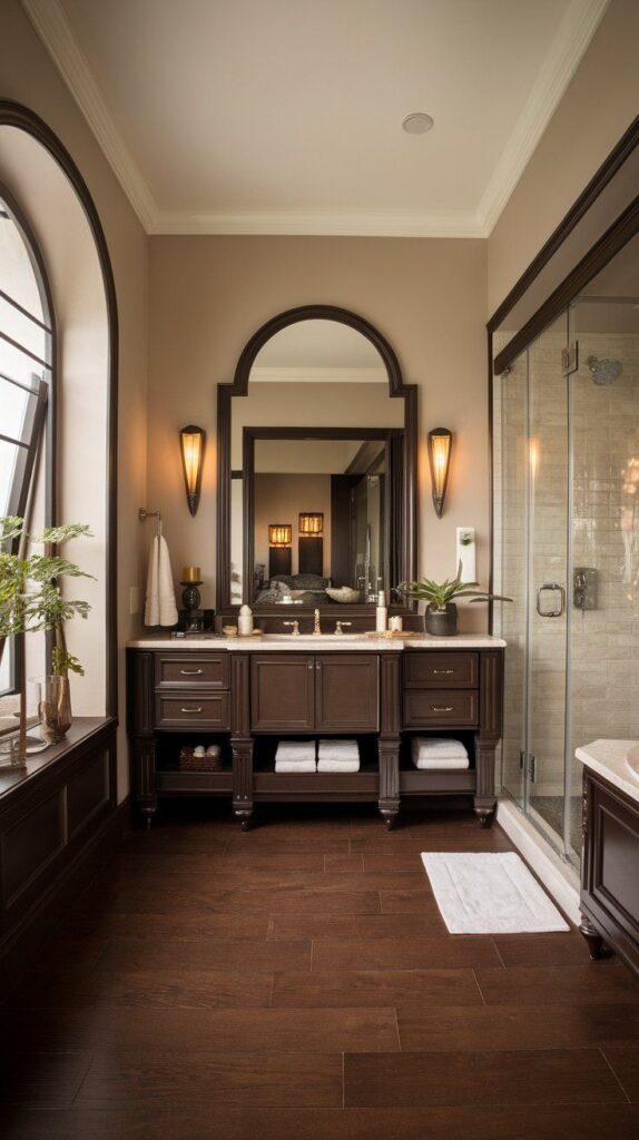 Ornate brown vanity with carved details and marble countertop