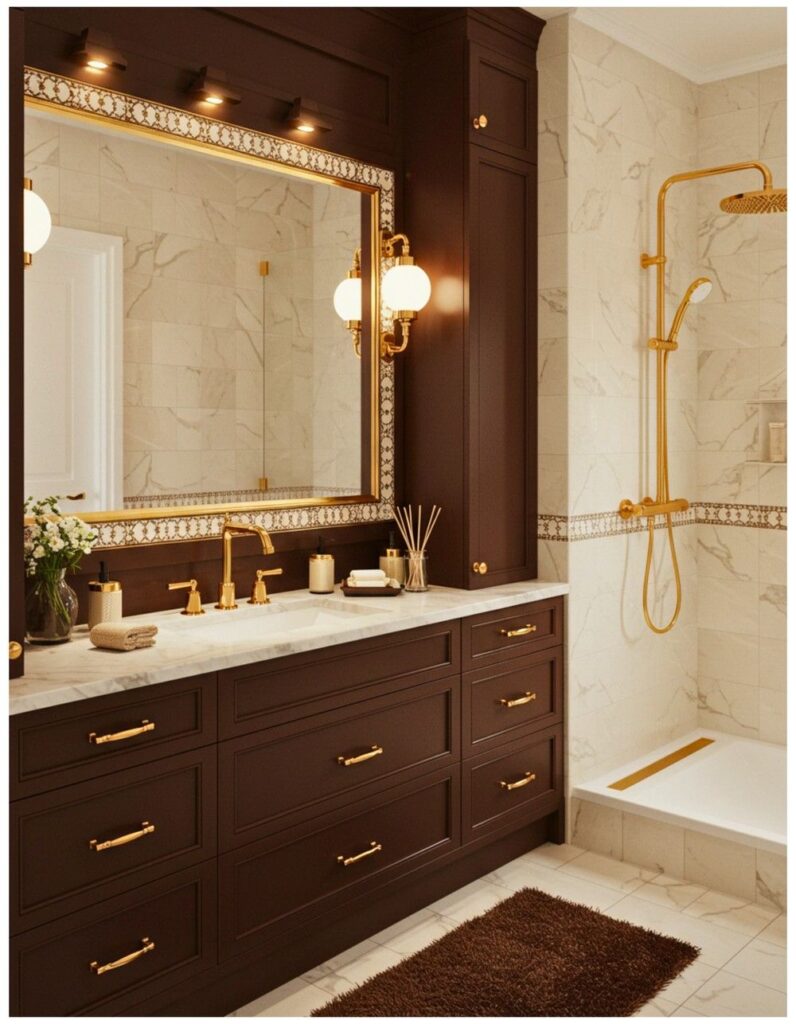 Luxury bathroom with brown walls, gold accents, and chandelier