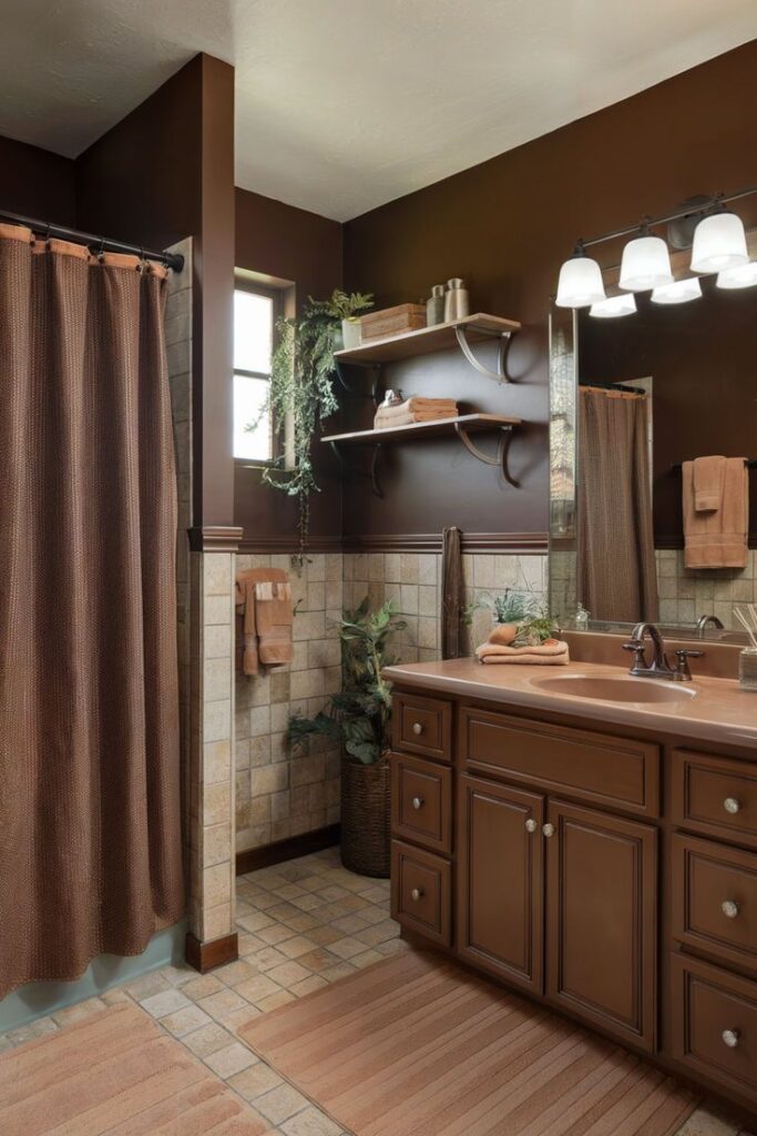 Brown-themed bathroom accessories with towels, wall art, and woven basket