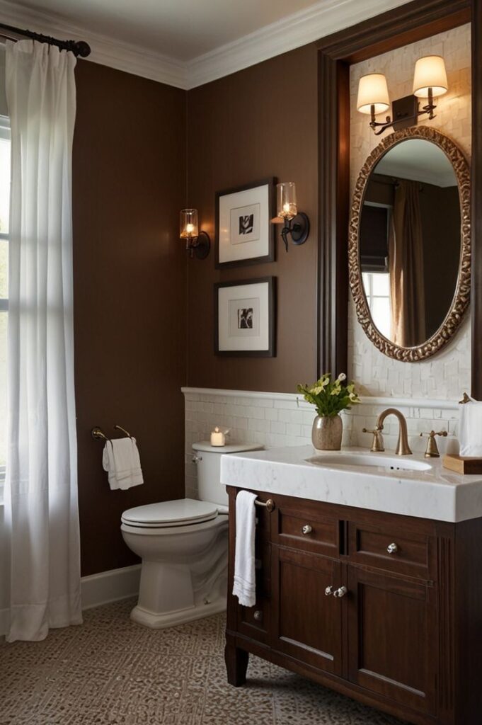 Bathroom with earthy brown painted walls, plants, and light fixtures