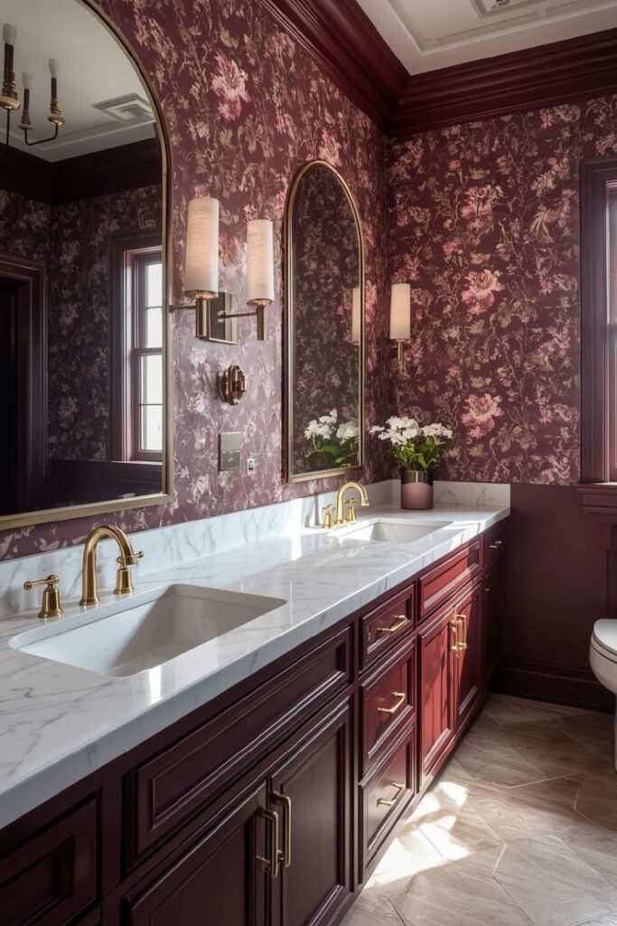 Bathroom with bold mauve floral wallpaper and contrasting patterned floor tiles.