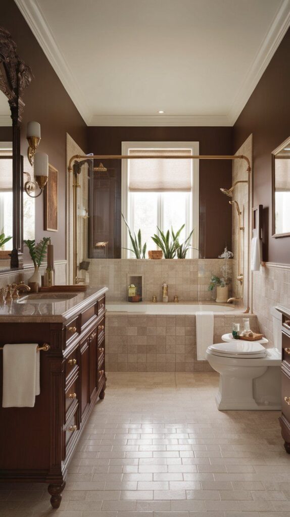 Bathroom mixing warm brown with other earthy tones like beige and green