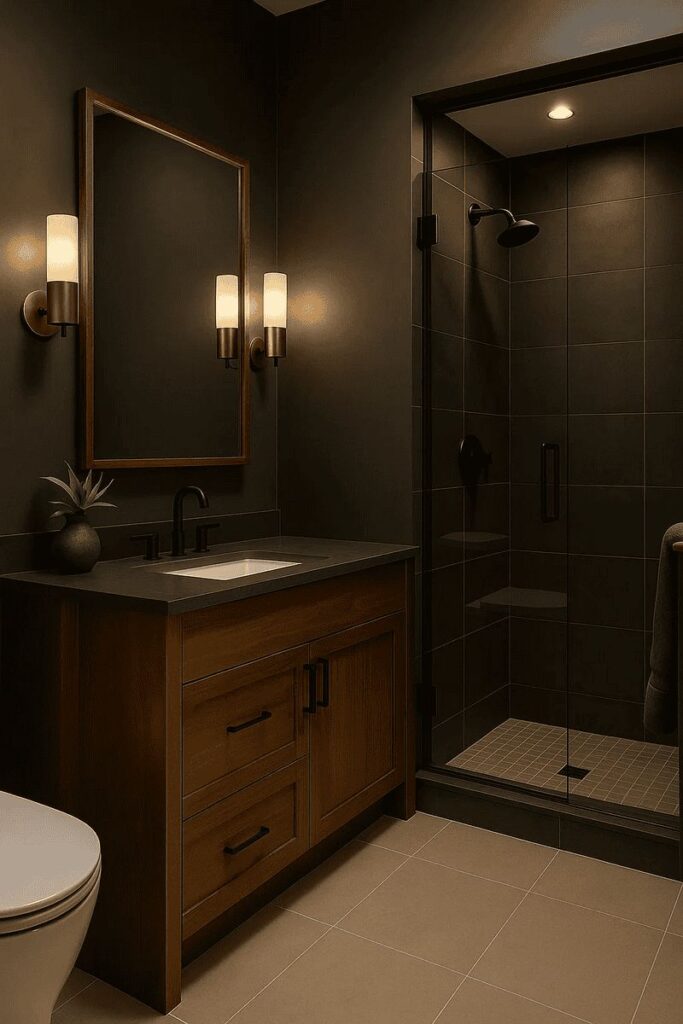 Modern bathroom with brown and black contrasting finishes
