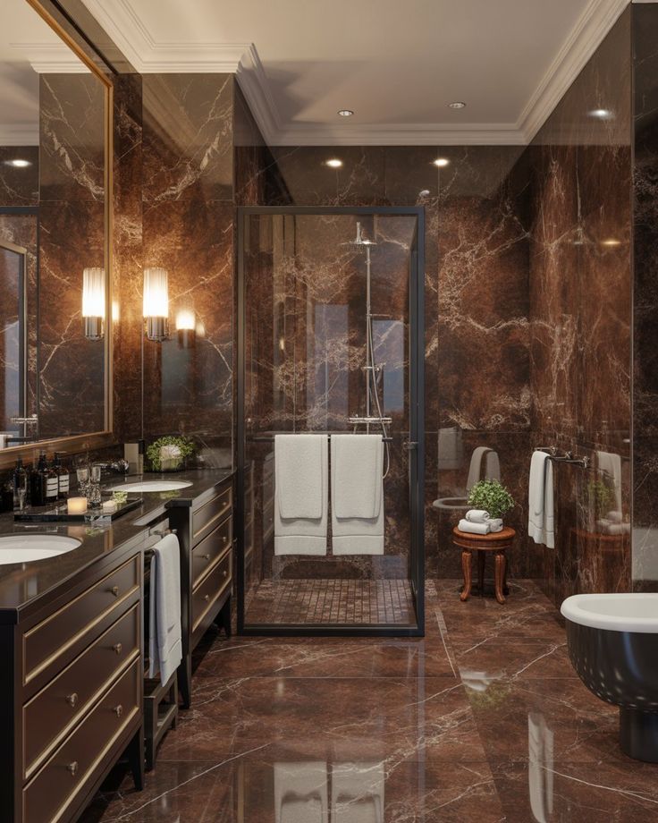 Bathroom with brown marble countertop and double sinks