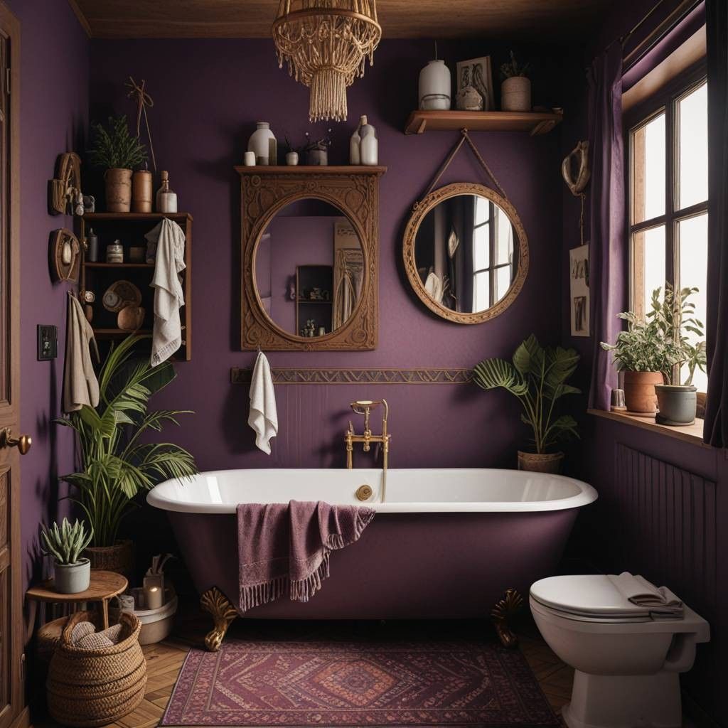 Spa-inspired mauve bathroom with a freestanding tub, textured tiles, greenery, and baskets for towels and essentials.