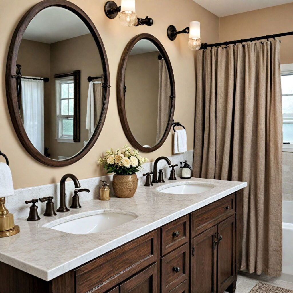 Bathroom with brown towels, bath mat, and curtains for a cozy look
