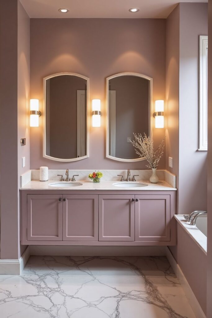 Bathroom with a mauve accent wall behind a white bathtub and a light marble floor, lit by natural window light.