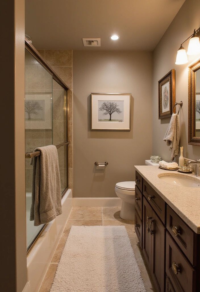 Bathroom with warm beige walls, brown accents, and wood decor
