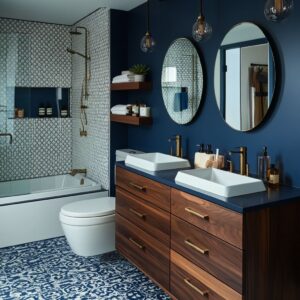 this cool bathroom brings depth and sophistication with navy and walnut elements
