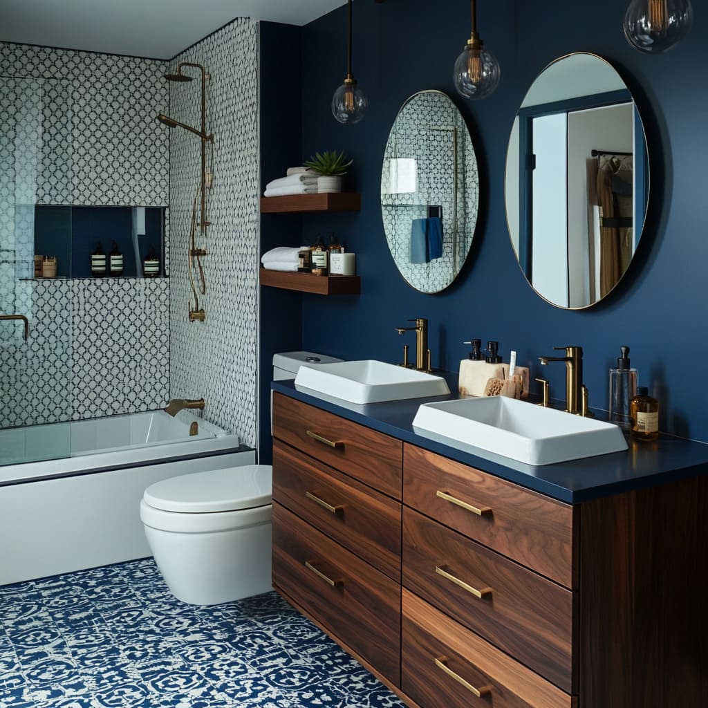 29 Moody Blue Bathroom Ideas this cool bathroom brings depth and sophistication with navy and walnut elements