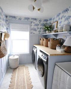 toile inspired charm in a breezy blue wallpaper
