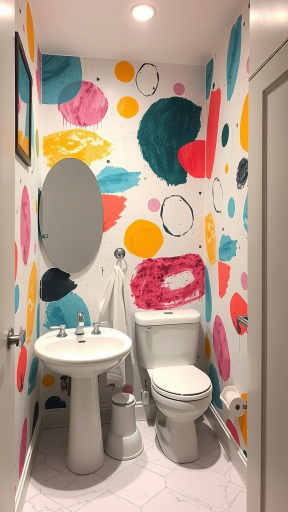 Colorful abstract wallpaper in a small bathroom featuring bold shapes and strokes.