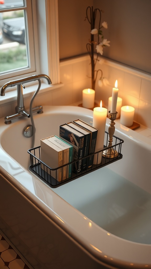 A stylish bath caddy with books and candles resting over a bathtub.