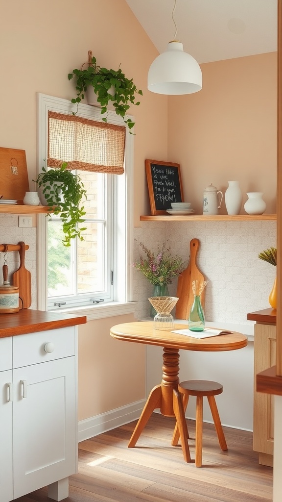 A cozy breakfast nook featuring a round wooden table, small stool, and decor items in a well-lit kitchen.