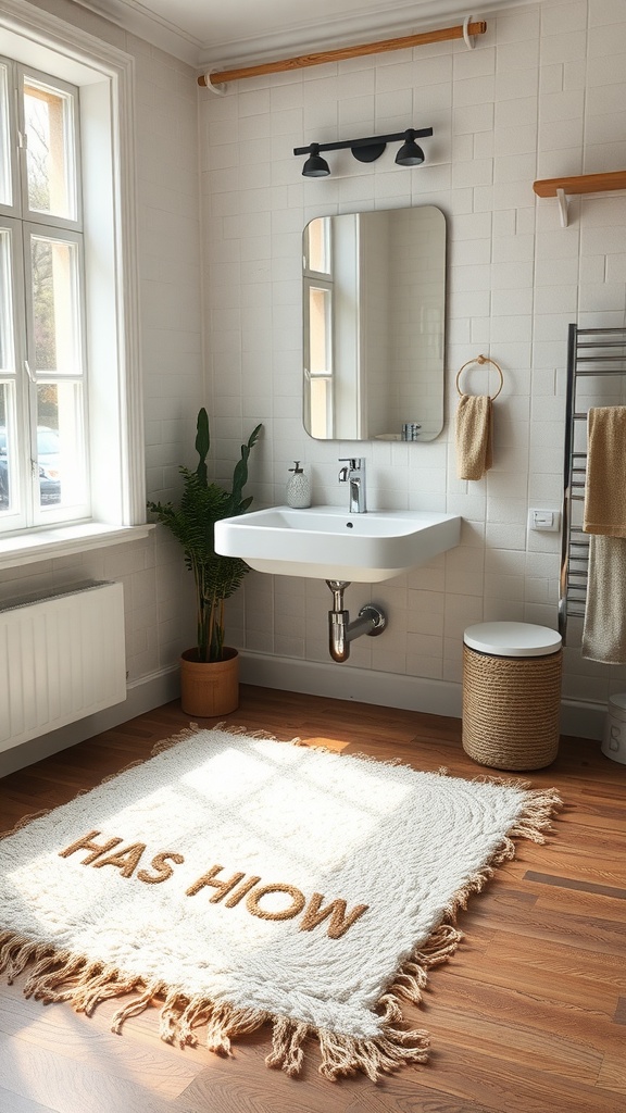 A cozy white rug with the words 'HAS HIOW' in a bright bathroom setting