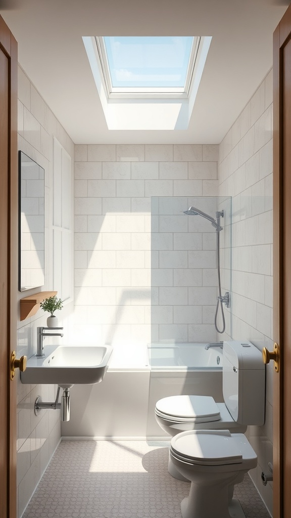 Bright small bathroom with a skylight, shower, sink, and toilet