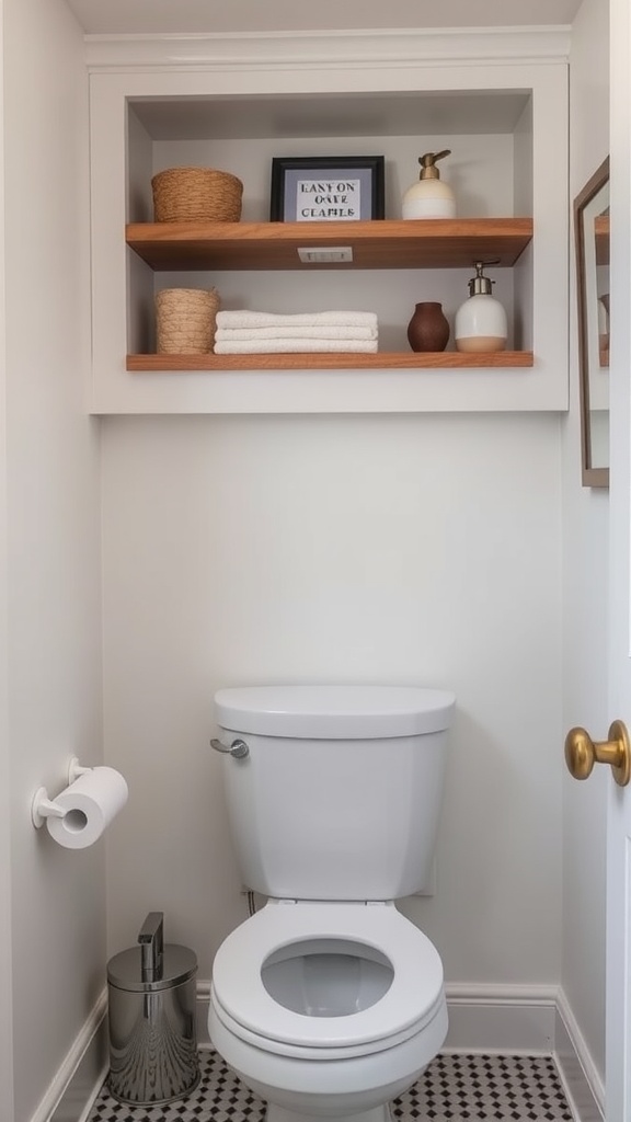 Bathroom with built-in wooden shelves above a toilet, featuring decorative items and towels.