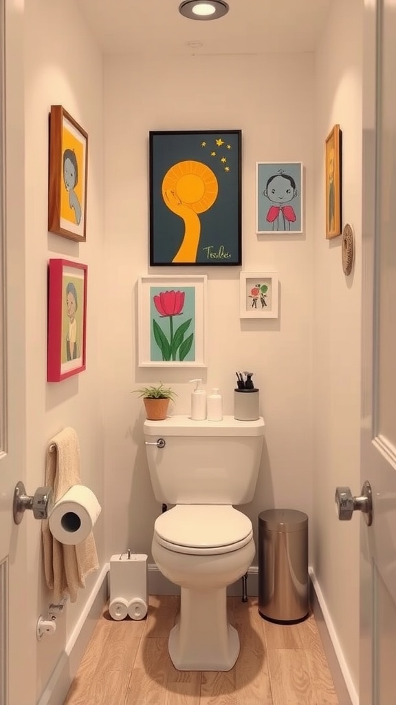 A small bathroom decorated with colorful artwork on the walls, including playful illustrations and a floral print.