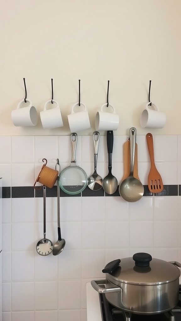 Functional wall hooks displaying white mugs and kitchen utensils in a small kitchen