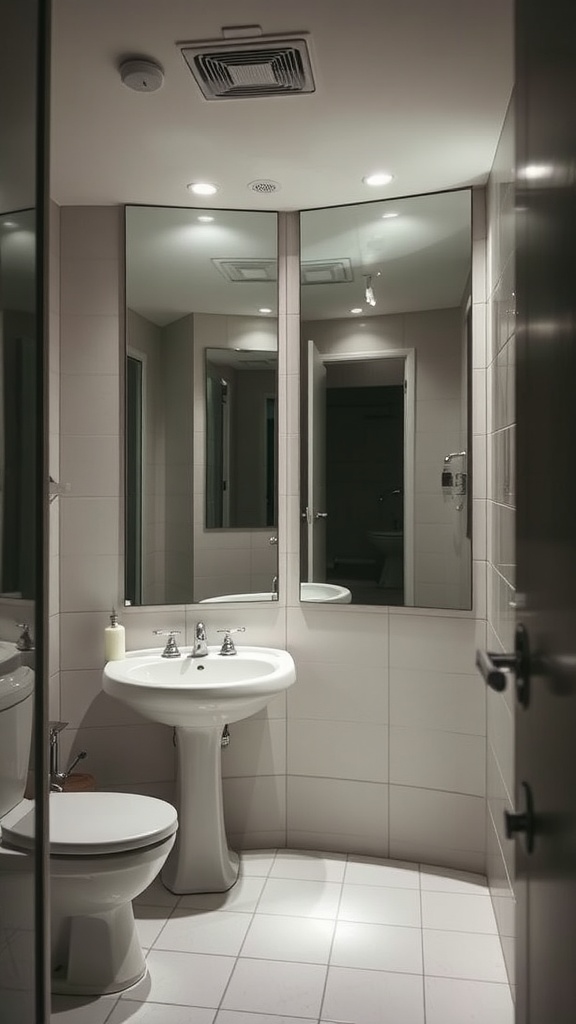 A small bathroom featuring multiple mirrors, a sink, and a toilet, designed to create a feeling of depth.