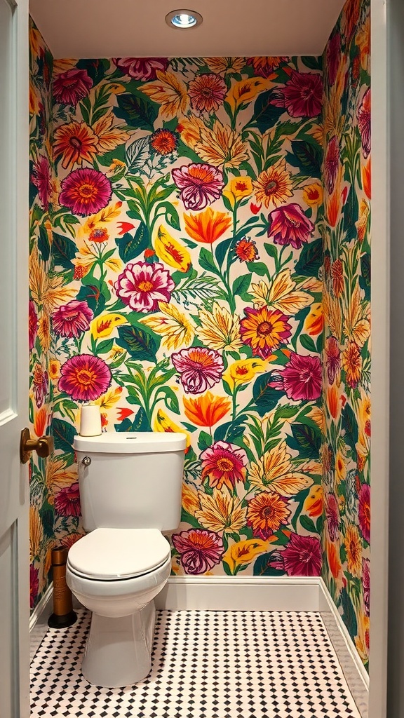 A bathroom with colorful floral peel-and-stick wallpaper and a white toilet.