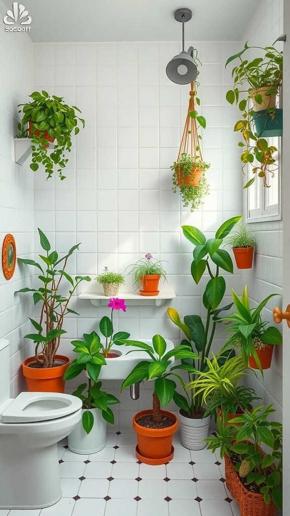 A bathroom filled with various plants in colorful pots, enhancing the decor with greenery.