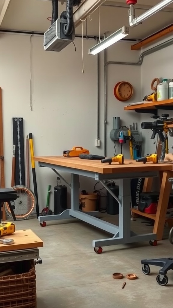 A spacious garage workshop featuring an adjustable height workbench with tools and equipment organized around it.