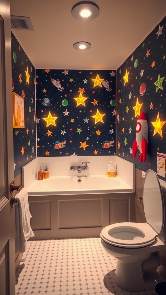 A playful kids bathroom with space-themed decor featuring stars, rockets, and planets on blue wallpaper.