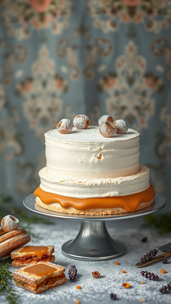 A beautifully decorated alfajores-inspired wedding cake with creamy frosting, orange glaze, and topped with powdered cookies.