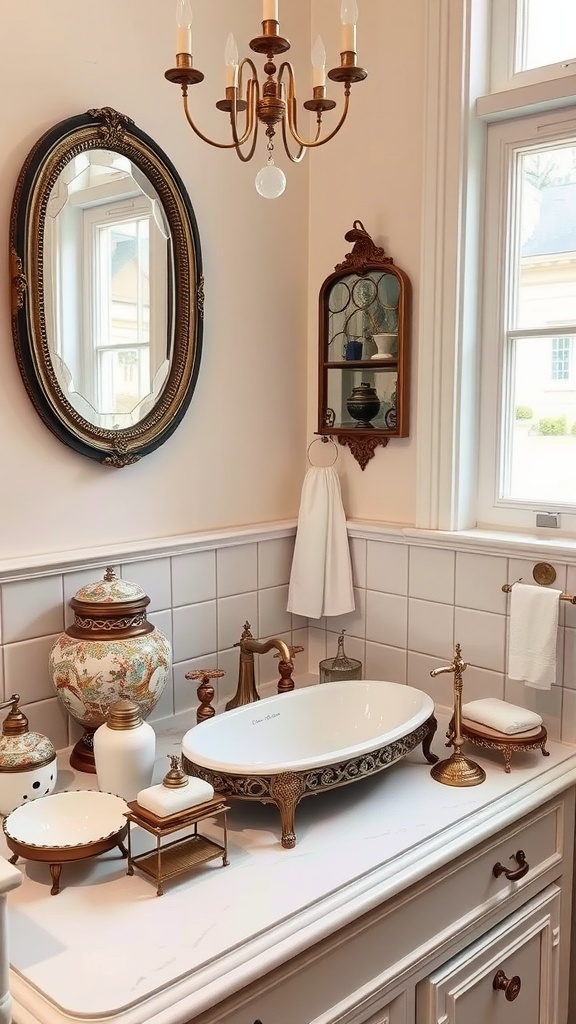 A beautifully styled Victorian bathroom with an ornate oval sink, vintage mirror, and decorative antique accessories.