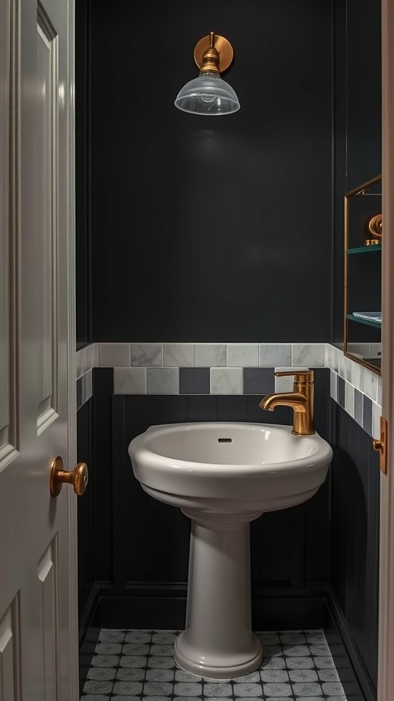 A modern bathroom with dark walls, an antique bronze faucet, and light fixture.