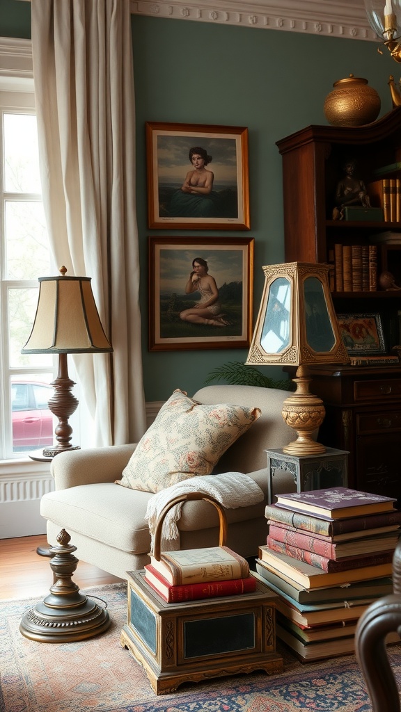 Cozy living room corner with antique decor, framed paintings, a lamp, stacked books, and a decorative storage box.
