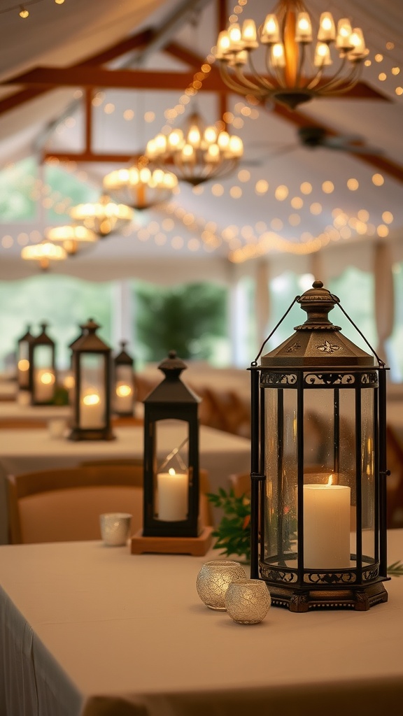 A beautifully set wedding table with antique lanterns and soft candlelight.