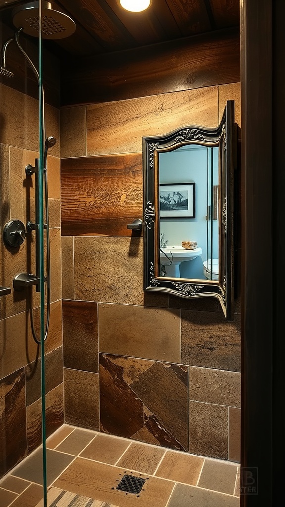 Rustic walk-in shower featuring stone walls and an antique mirror