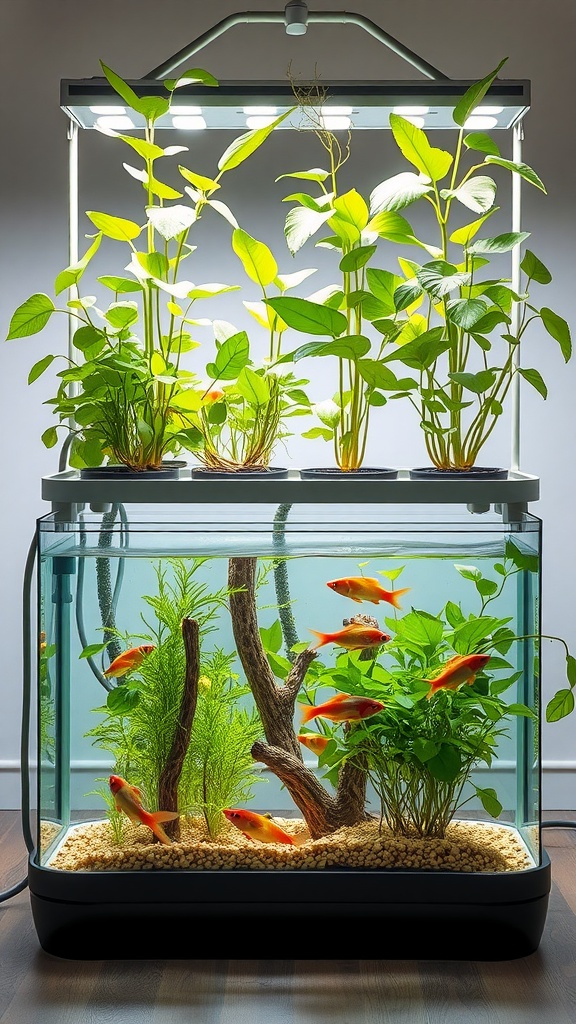 An aquaponic garden system with fish swimming in a tank and plants growing above.