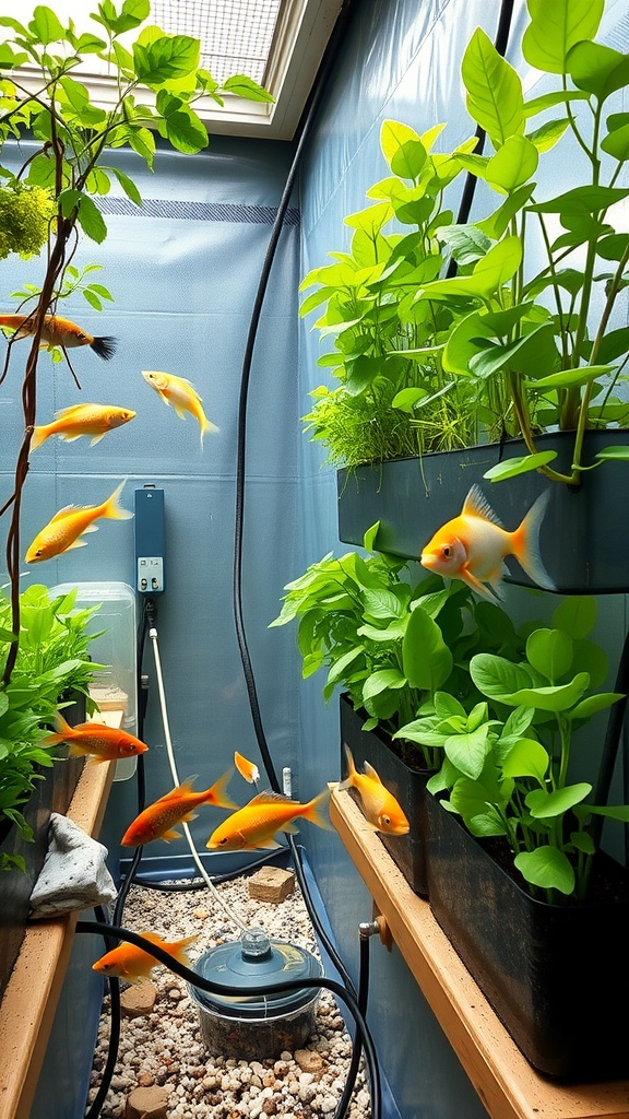 A vibrant aquaponics system featuring fish swimming among green plants in a controlled environment.