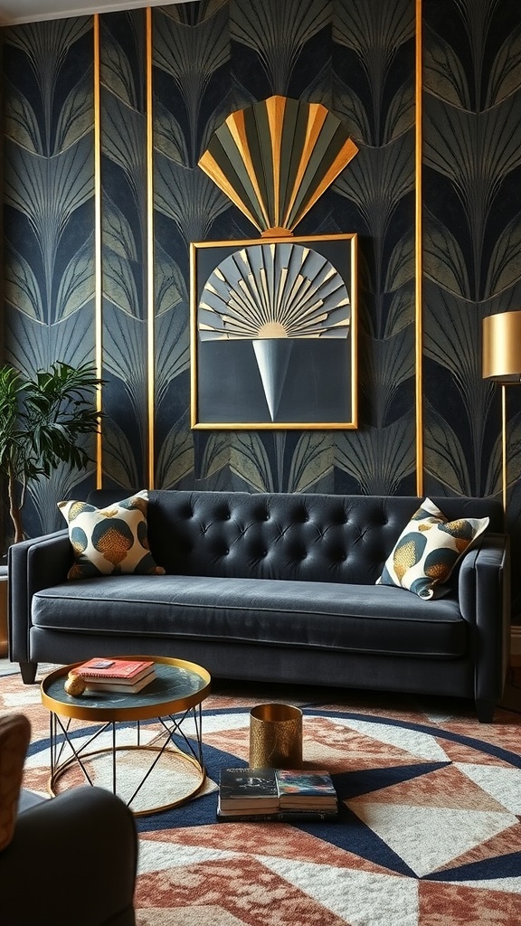 Living room featuring a dark gray couch with Art Deco style decor