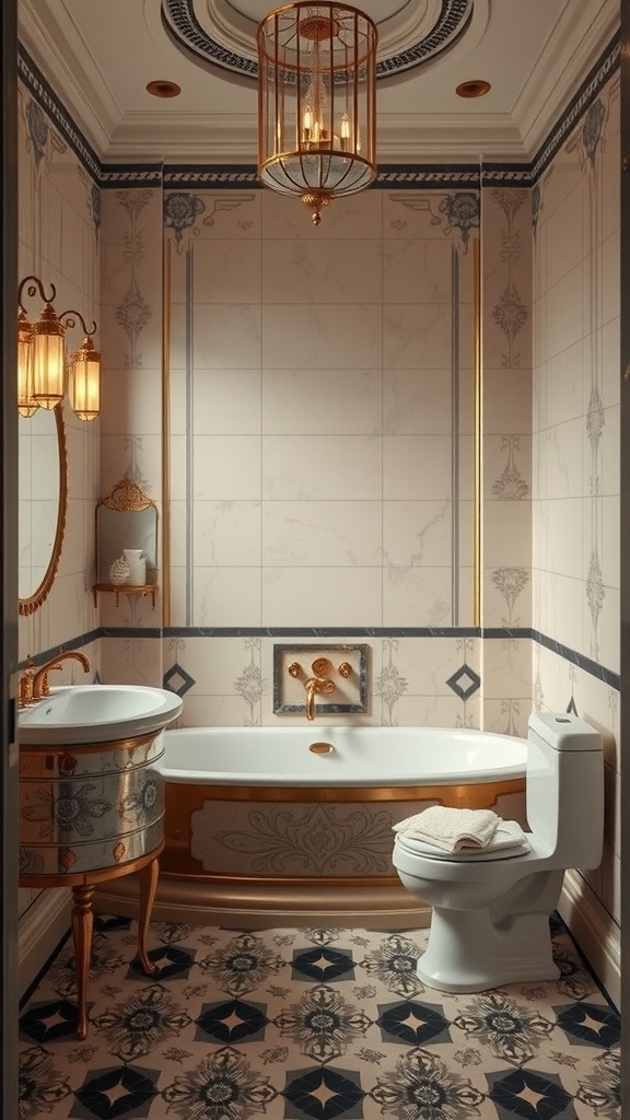 Elegant Art Deco bathroom featuring luxurious fixtures and patterned floor tiles.