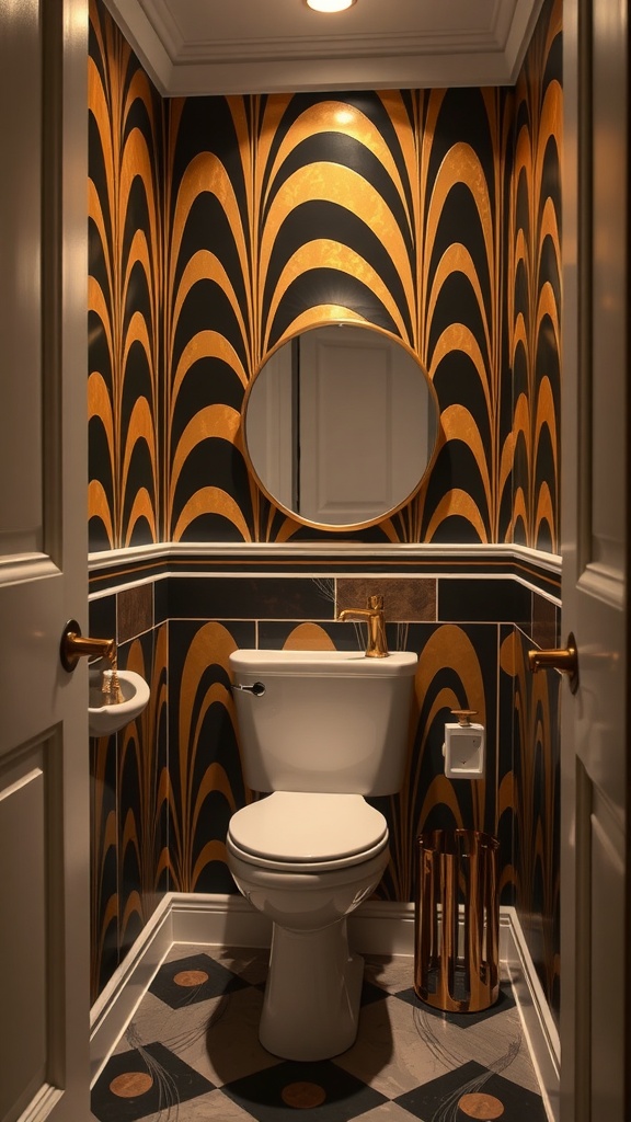 A small bathroom with Art Deco inspired wallpaper in gold and black, featuring a round mirror and elegant fixtures.