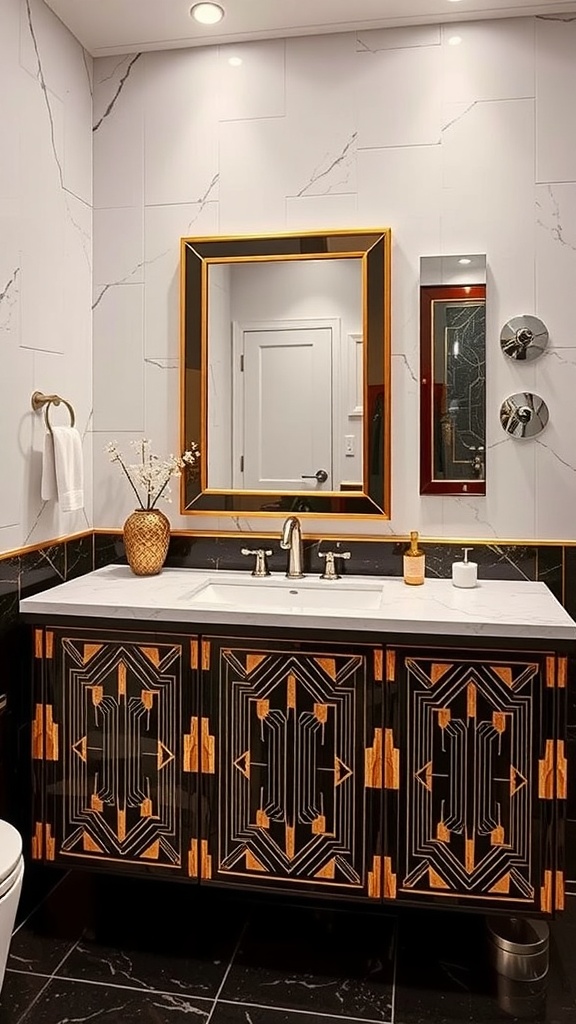 Art Deco inspired bathroom vanity with geometric patterns and gold accents