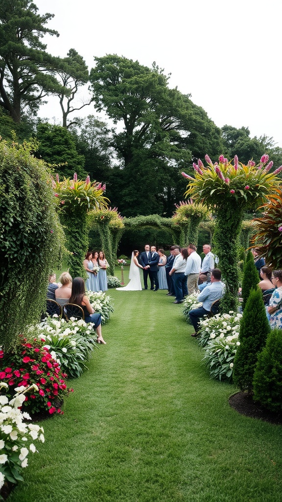 A beautiful garden wedding ceremony with guests seated on either side of a lush green aisle, vibrant flowers lining the path and a couple exchanging vows.