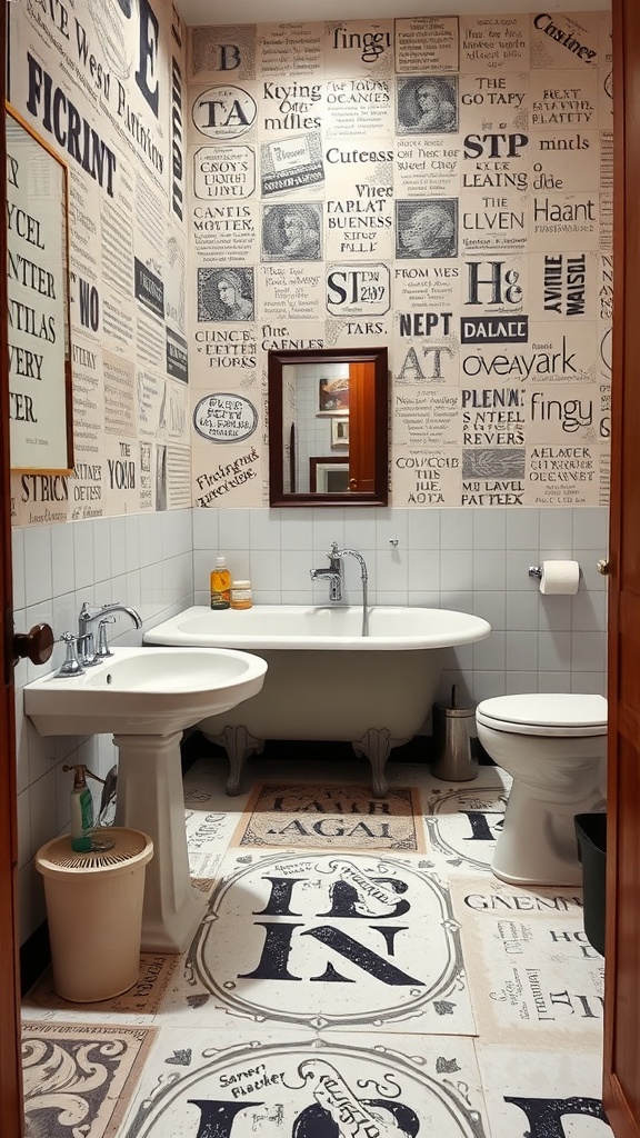 Bathroom with stenciled black and white flooring, featuring artistic lettering and a vintage bathtub