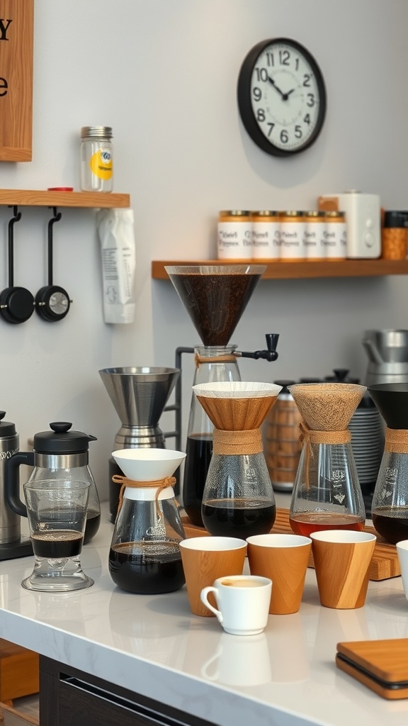 A stylish home coffee brewing station with various coffee makers and accessories on a countertop.