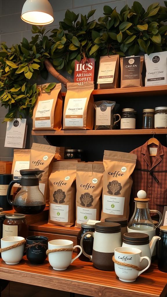 A stylish artisan coffee display with bags of coffee, brewing tools, and mugs arranged on wooden shelves.