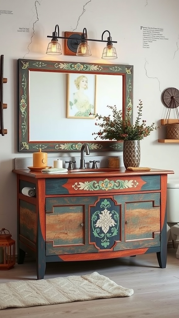 Artisan crafted bathroom vanity with hand-painted details, modern fixtures, and decorative elements.