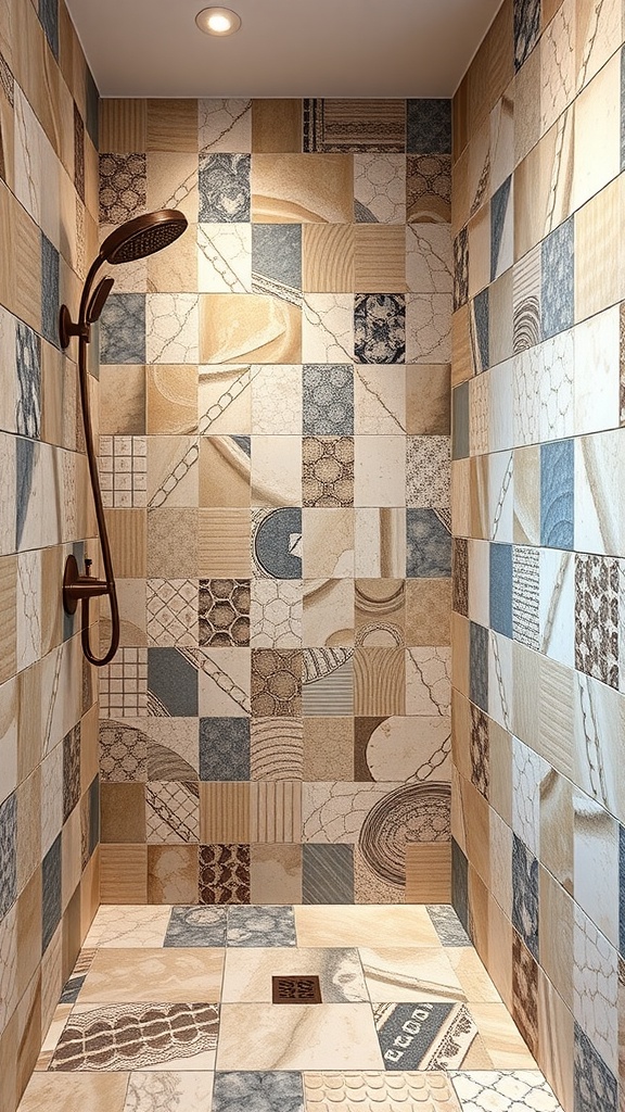 Rustic walk-in shower featuring artisan handmade tiles with various patterns in beige and blue.