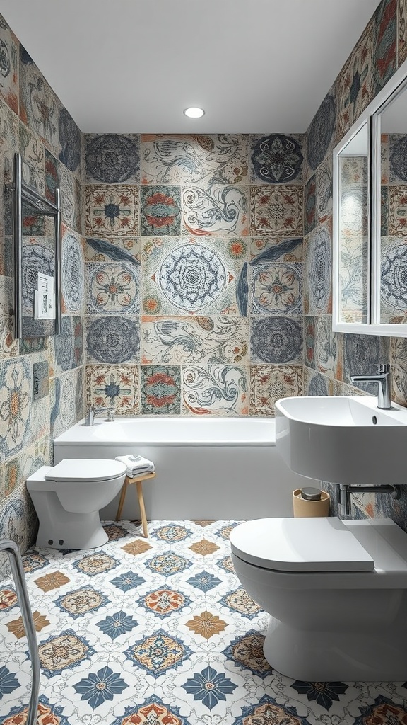 A modern farmhouse bathroom featuring artisan tiles on the floor and walls, with a bathtub and sleek white fixtures.